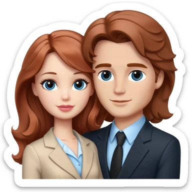 Barbie girl  , eyes blue , Chestnut red long wavy hair In pale beige clothes, Hugs a man with brown hair short haircut, brown eyes , and a black suit sticker