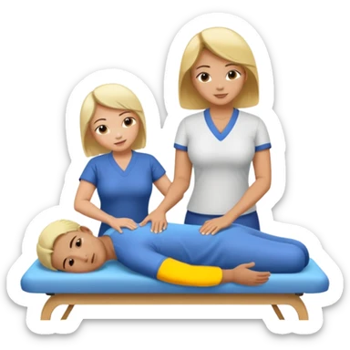 Large breasted asian woman gives a massage to a boy with blonde hair on a massage table sticker