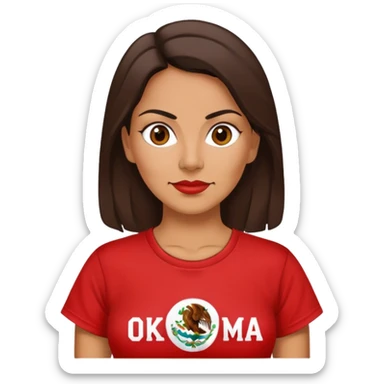 Brunette 40 year old Mexican woman in a red “OKLAHOMA” t-shirt sticker