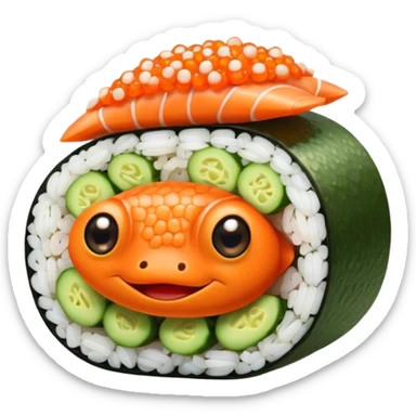 Cute Kawaii California Roll, tiny and round, cute layers of avocado, crab, and cucumber, wrapped in bright orange fish roe, a joyful winking face, tiny sesame seed freckles! sticker