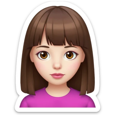 brown straight hair, bangs, big brown eyes, small nose, pale white skin, pink lips sticker