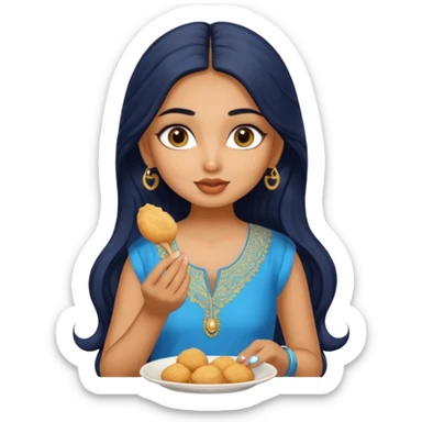 a pretty tan indian bratz girl. eyeliner on, wearing a blue kurti, eating golgappa. NO SPOON. wavy long black hair sticker