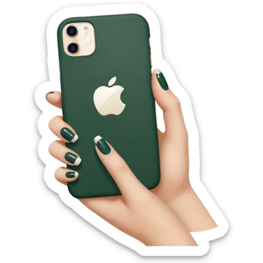 female hand with nude manicure holding a white iPhone in a dark green case, minimalism sticker