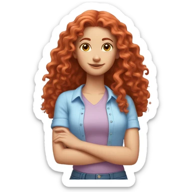 white girl with long red curly hair, wearing a pastel periwinkle shirt doing a pose sticker