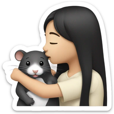 A korean girl with long black hair whispering to a rat sticker
