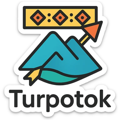 Colorful minimalist logo for Turpotok with a Kurai arrow, Ural Mountains, and Bashkir ornamentation. Text 'Turpotok' in a modern sans-serif font sticker