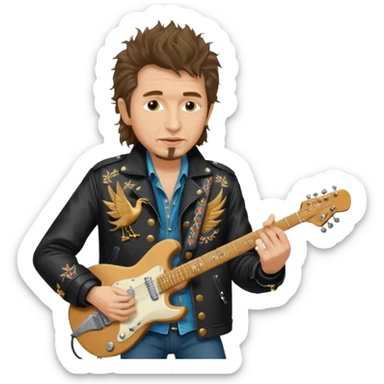 realistic cinematic bob dylan, unshaven and long haired, in a motor jacket embroidered with bronze cranes, plays an electric guitar sticker