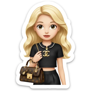 long wavy blonde girl inspired by Chloe from Bratz, wearing a Chanel logo two-piece black and white outfit, holding a Louis Vuitton purse, emoji style sticker