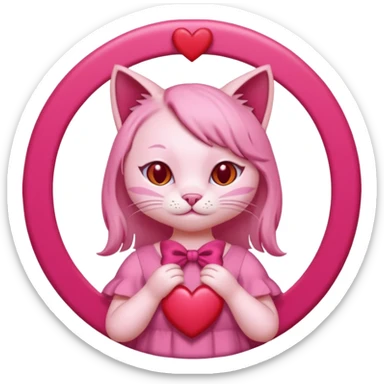 a pink cat who is doing this 🫰 and she has like red hearts around her head like a angel circle. the cat is going to have on a dark pink dress with a bow. sticker