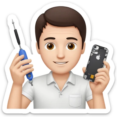 make a white guy with dark brown hair, with a simple white o grey shirt, repairing an iphone happy, tecnician with small tools for phone sticker