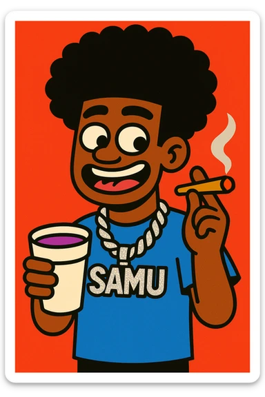 character with a high curly afro, flashy 'samu' diamond chain, holding a cup of lean and a joint, vibrant cartoon style sticker