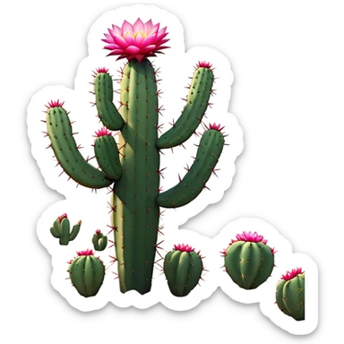 Cinematic Realistic Cactus Emoji, Tall and spiny, with thick, rounded stems covered in sharp spines. Bright flowers bloom at the tips of some branches, adding a pop of color against the desert backdrop. Soft glowing outline, capturing the essence of strength, survival, and desert beauty in a striking cactus! sticker