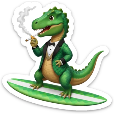 dinosual smokig a ciggerett while surfing wearing designer coat sticker