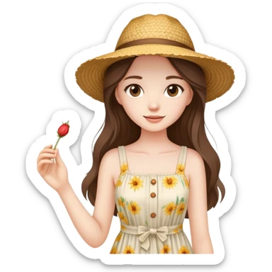 beautiful pale brunette girl with long hair in a summer dress and straw hat sticker