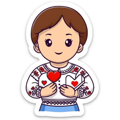 Beautiful young girl with brown hair in a white Ukrainian embroidered shirt holding a large embroidered heart sticker