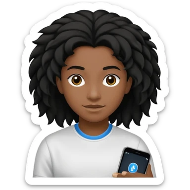 Faça um adolescente de cabelo cacheado   Preto médio sorrindo, com um aparelho dental e fones de ouvido Bluetooth com um moletom branco sticker