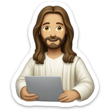 Jesus in modern clothes with a laptop sticker