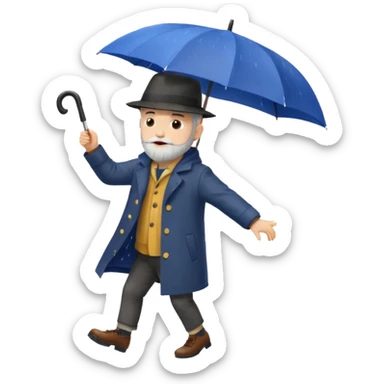 A dark-haired boy with a white beard dancing with an umbrella in the rain sticker