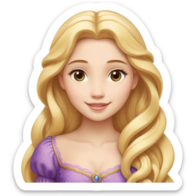 Cinematic Realistic Rapunzel Portrait, with porcelain-like skin featuring a subtle, natural glow, illuminated by soft lighting that brings out the gentle contours of her face. Her long, golden blonde hair cascades in detailed waves, each strand highlighted with a radiant shimmer as it catches the light. Her bright, expressive green eyes exude curiosity and warmth, framed by delicate lashes and soft, arched brows. Her expression is playful and vibrant, with a gentle smile. She is dressed in her classic lavender and pink gown, the fabric textured with delicate folds that flow naturally, catching the light with a soft, radiant glow. The portrait captures a luminous, enchanting aura, seamlessly blending realism with a whimsical, fairytale charm, evoking a timeless sense of beauty and magic. sticker