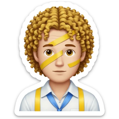 Make me an emoji that has a guy with a white shirt and yellow tape around the shirt with brown and blue spots hair make the hair curly sticker