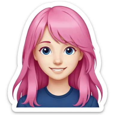 nữ 20 tuổi, da trắng, tóc dài nhuộm hồng, tóc mái bằng dài đến lông mày, mặt cười tươi vui vẻ, áo xanh đậm sticker