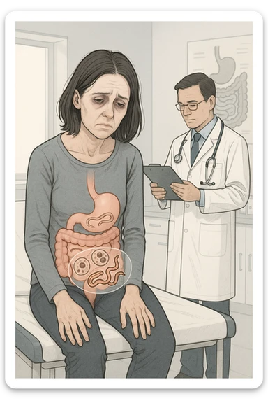 a woman in her 30s sits slumped on a doctor’s examination table, her face pale and eyes sunken with deep fatigue. A transparent overlay on her abdomen reveals stylized images of internal parasites, such as worms or protozoa, inside her digestive tract. The doctor stands nearby, reviewing medical charts. The mood is clinical and educational. sticker