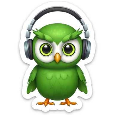 green pea wearing headphones in the style of the duolingo owl mascot with big eyes sticker