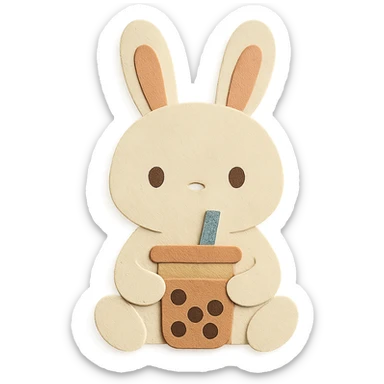 milk tea bunny sitting still with blank stare, paper-craft style sticker