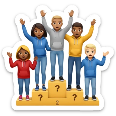 multi-racial people in jeans and hoodies on a winners’ podium, middle step higher, no numbers, very excited, fun, expressive emoji style sticker