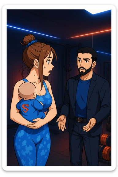 ispirati a questo stile di disegno e fai questa immagine in versione manga/webtoon a colori, il manga mostra la donna preoccupata con un neonato in braccio con una tutina azzurra e la scritta "S" sulla schiena, la donna gli sta facendo una domanda all'uomo, ma non fare i fumetti, fai come se stessero parlando sticker