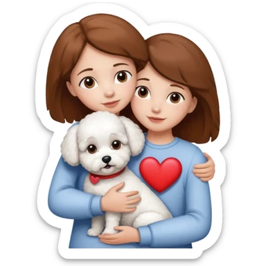 White older dog bishon in hug with birl with brown hair and heart between them sticker
