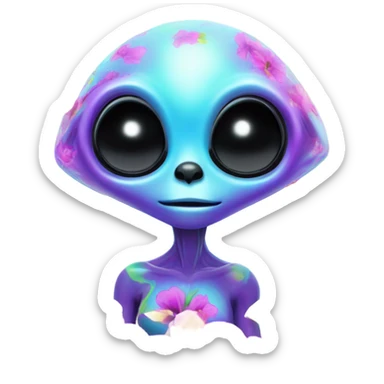 Lisa frank alien with big head and big black eyes with flowers sticker