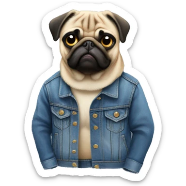 pug wearing a denim jacket with patches on the back of the denim jacket sticker