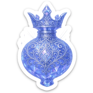 luxurious crystal elixir bottle shaped like a crown, color #7986cb, multi-layered holographic and silver filigree, intricate crystal texture, magical glowing and sparkling effects, radiant light beams, very small neck, seamless and beautifully rounded joined bottom (not flat like a glass), transparent background, bottle clearly floating in air, no base or shadow, not standing, modern, collection style, extremely beautiful and refined sticker