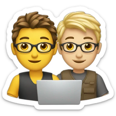 two IT nerds working on a laptop sticker