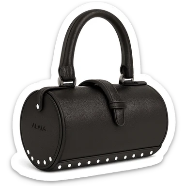 Make the Alaïa Teckel bag look more photorealistic with realistic leather texture, metallic studs, and natural lighting, on a white background. Keep the cylindrical silhouette and luxury details. Preserve transparency if present. sticker