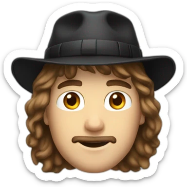 white guy with shoulder length brown hair, a slight mustache, wearing a black bucket hat, slight mustache sticker