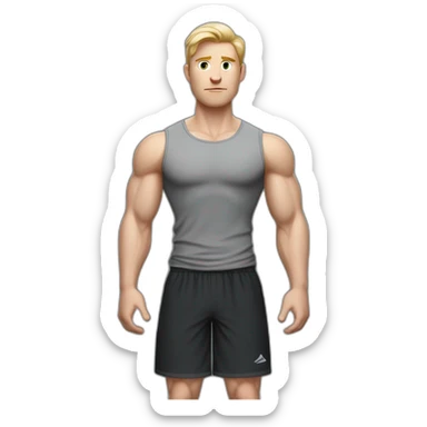 Full height Pale skinned fit man With Wide jaw, biceps and blonde hair In dark gray sleeveless mike, black oversize sports shorts, watch and white sneakers. his arms crossed over his chest sticker
