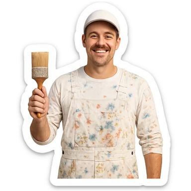 smiling painter man with a moustache and short hair, paint stains on clothes sticker