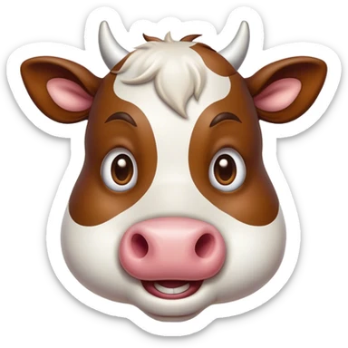 Cinematic Comical Brown and White Cow Portrait Emoji, Head tilted dramatically with an exaggeratedly amused expression, featuring a striking, glossy hide with a dynamic mix of brown and white, wide, expressive brown eyes filled with playful disbelief, Simplified yet hilariously expressive features, highly detailed, glowing with a slightly sassy glow, high shine, dramatic yet playful, stylized with an air of cheeky mischief, bright and endearing, soft glowing outline, capturing the essence of a spirited and over-the-top cow, so meme-worthy it feels like it could moo its way into internet fame instantly! sticker