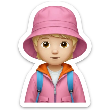 A little boy student white skin, blonde hair, with white bucket hat, orange jacket, pink backpack sticker