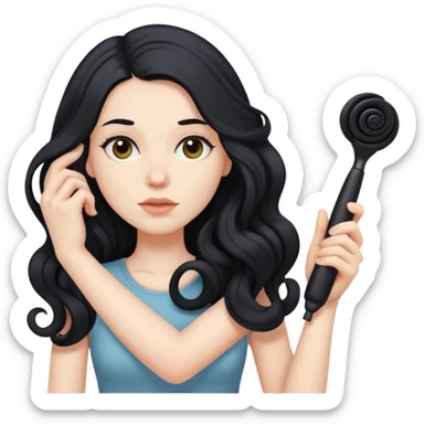 pale skinned woman with long black hair curling her hair, getting ready sticker