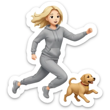 A beautiful girl with fair skin wearing a sweatshirt and sweatpants happily chasing a Labrador sticker