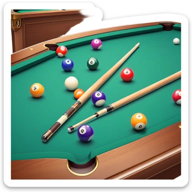 Two crossed pool cues resting on a billiard table, with colorful billiard balls scattered across the surface. The background features the felt of the table, creating an inviting atmosphere for a game of precision and strategy sticker