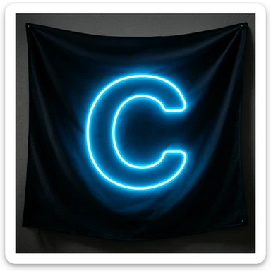 Make the flag wave with a dark background. Keep the neon letter C glowing brightly with neon colors. The overall style should emphasize the neon glow effect on the letter C and the waving motion of the flag, with a dark background enhancing the neon effect. sticker