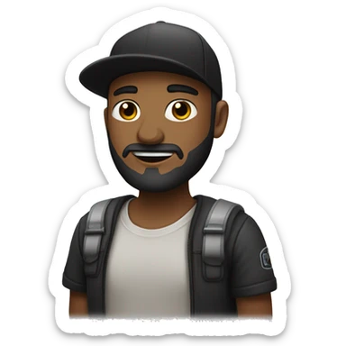 Guy with short dark beard, cap on backwards, with Logo "Richboyskint". sticker