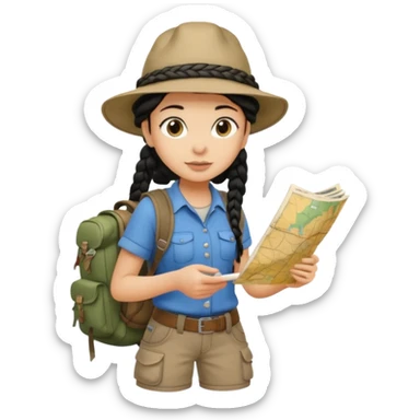 A braid black hair backpacking woman checking her map with curious eyes while walking with camping hat and dirt covered bootsfull body sticker