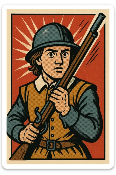 A young English roundhead soldier from the 1600s with a musket facing forward - face on sticker