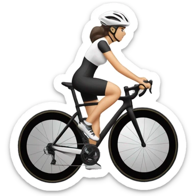 Ciclista MUJER de piel morena clara de contextura delgada estatura alta con zapatillas de ruta blancas licras negras y maillot blanco casco blanco sticker