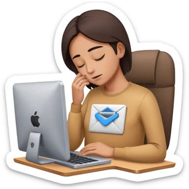 Person with closed eyes, deep breath, hand on chest, computer with email open in front of them sticker
